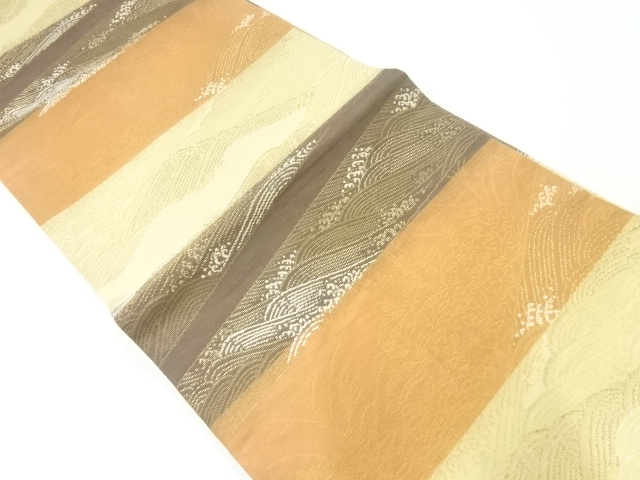 JAPANESE KIMONO / ANTIQUE FUKURO OBI FOR SUMMER / SILK / WOVEN STRIPE & ROUGH WAVE